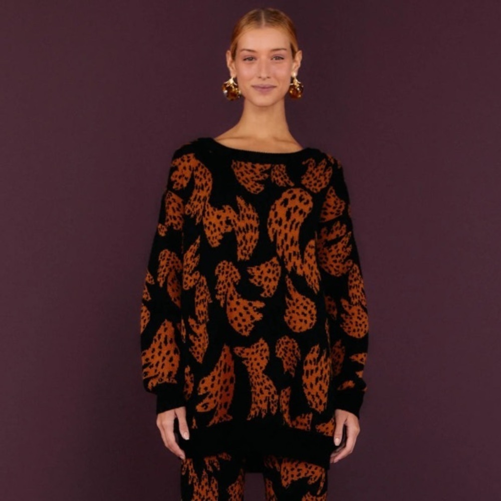 FARM Rio Women’s Black Brown Bananica Intarsia Crewneck Oversized Sweater XS - Picture 5 of 16